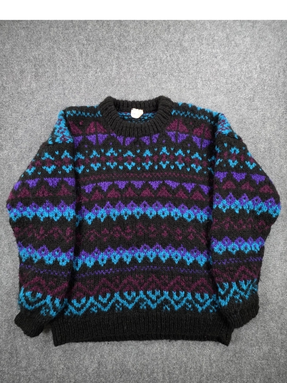 Vintage 100% Wool Hand Knit Nepal Sweater Colorful Tribal Geometric 2XL